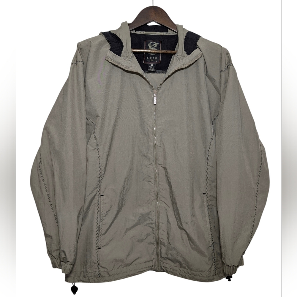 Gear For Sports Men’s MD Hooded Windbreaker Jacket Light Taupe Black Trim Nylon
